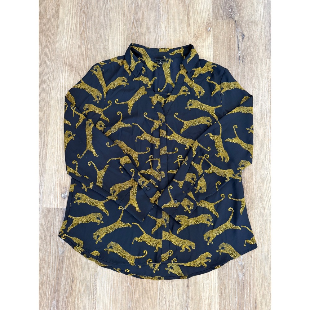 Worthington Button Down Top Womens L Black Yellow Leopard Animal Print Safari